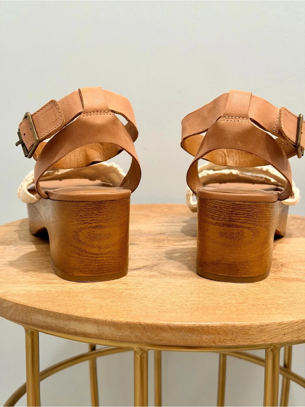 Lucky Brand Famika Woven Macrame Platform Heel Sandals Tan Cream Boho Size 10M
